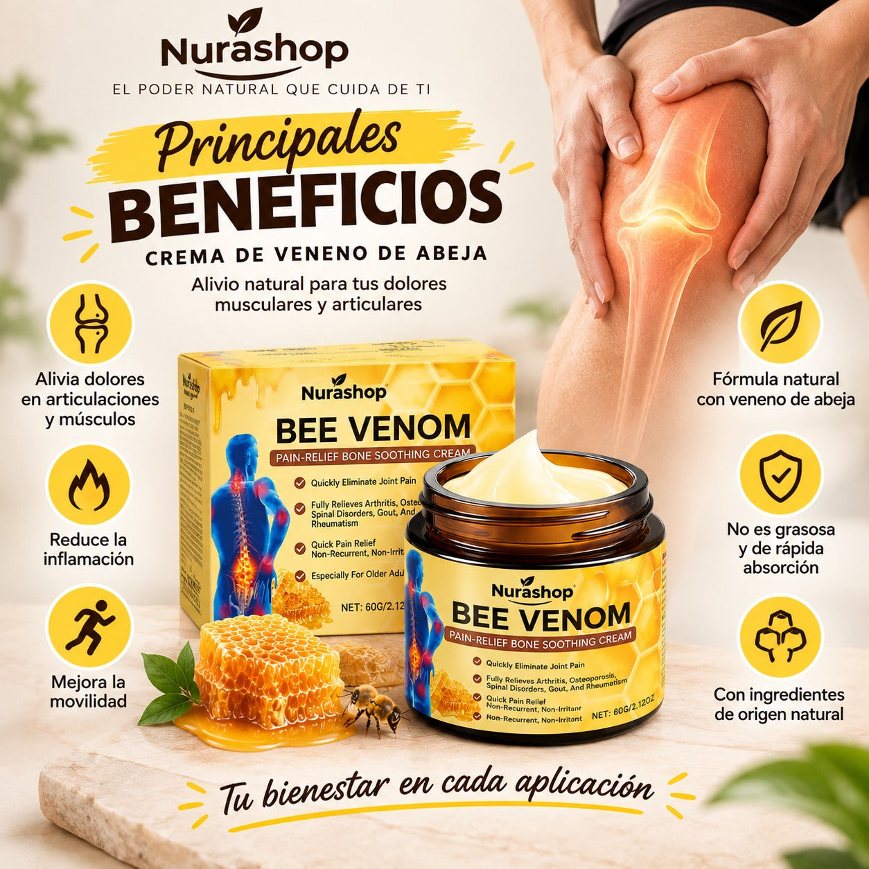 Nura Bee Venom Relief – Crema de Apiterapia para Alivio Muscular y Articular (50g)
