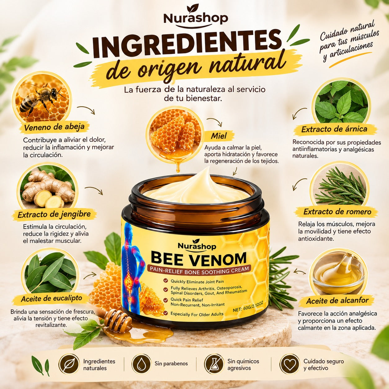 Nura Bee Venom Relief – Crema de Apiterapia para Alivio Muscular y Articular (50g)