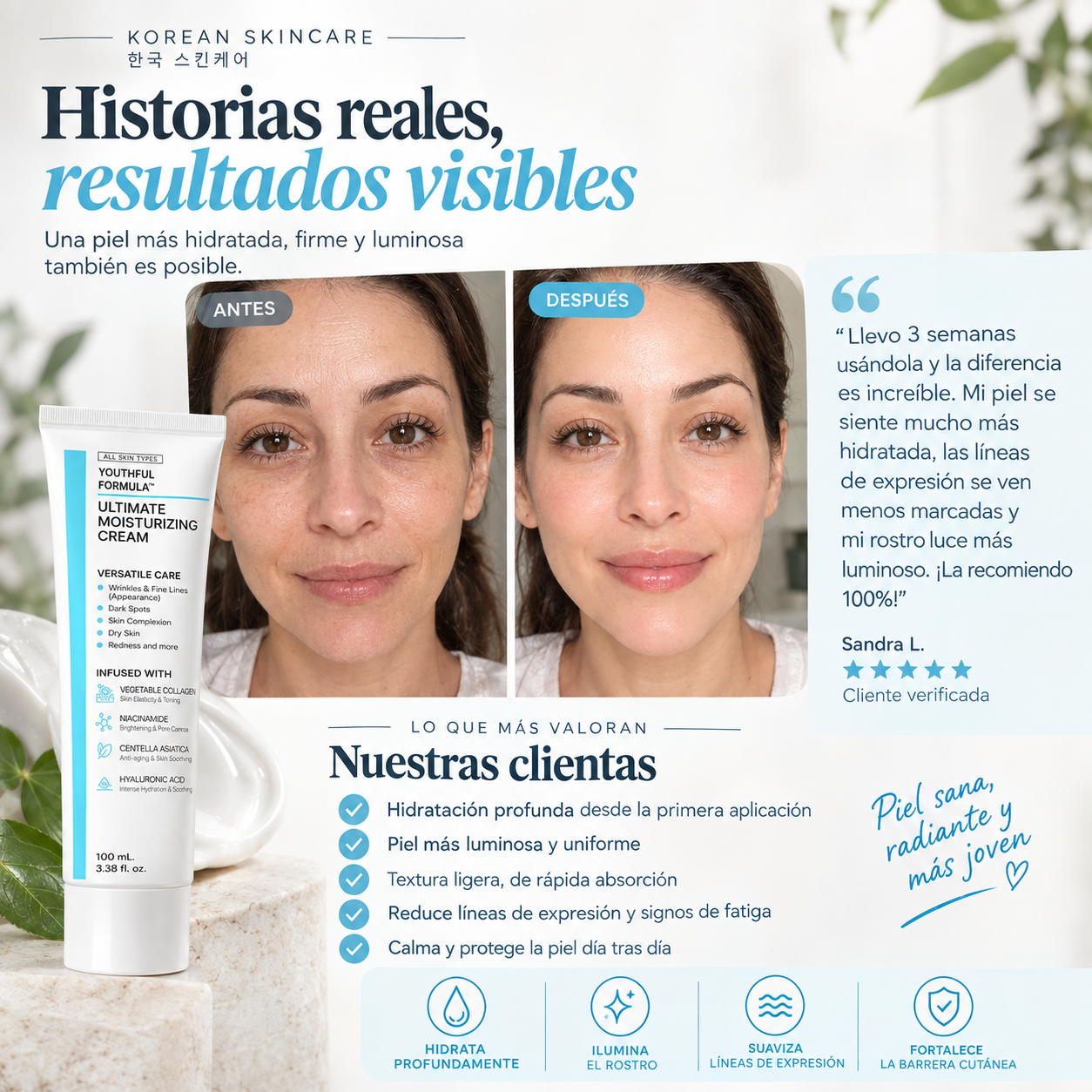 Nura Korean Glass Skin – Crema Hidratante Rejuvenecedora con Colágeno y Niacinamida (100ml)