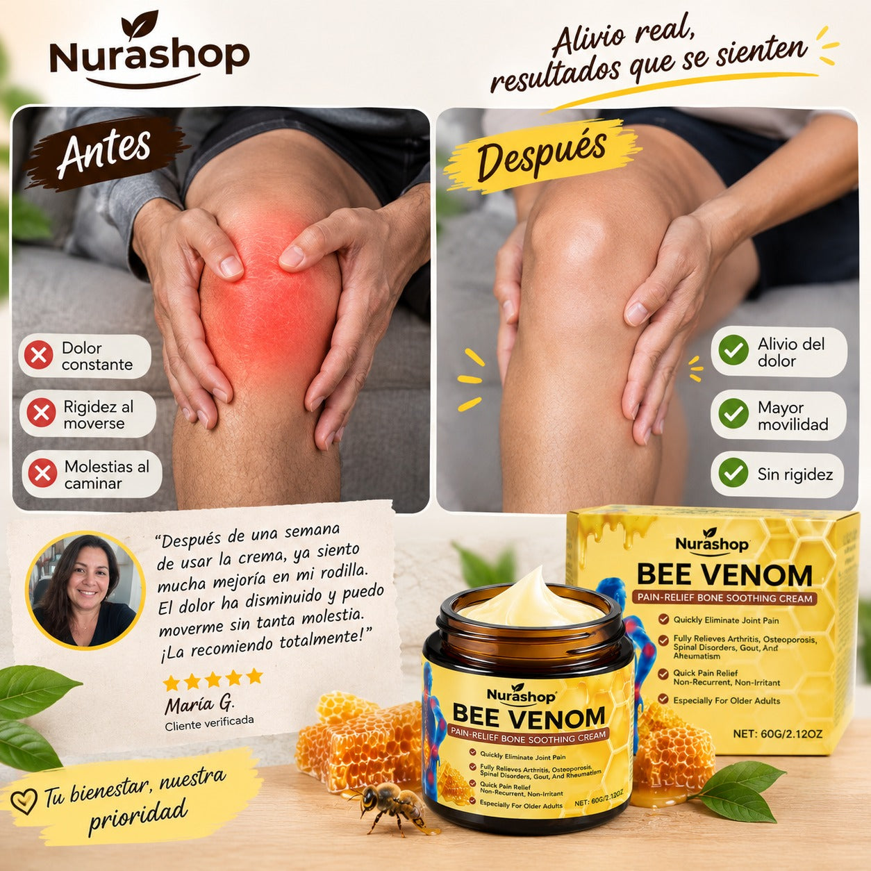 Nura Bee Venom Relief – Crema de Apiterapia para Alivio Muscular y Articular (50g)